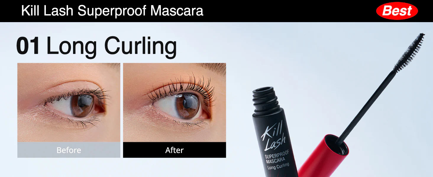 CLIO Kill Lash Superproof Mascara Long Curling before and after result showing enhanced lash length