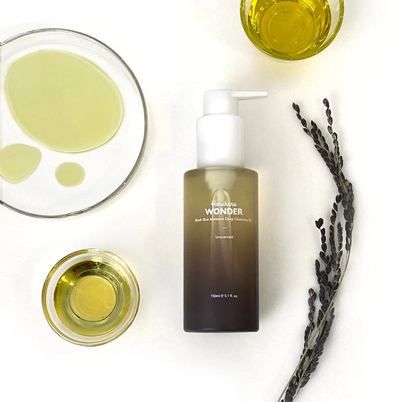 Haruharu Wonder Black Rice Cleansing Oil flatlay showing natural oil formula - fragrance-free Korean double cleansing oil