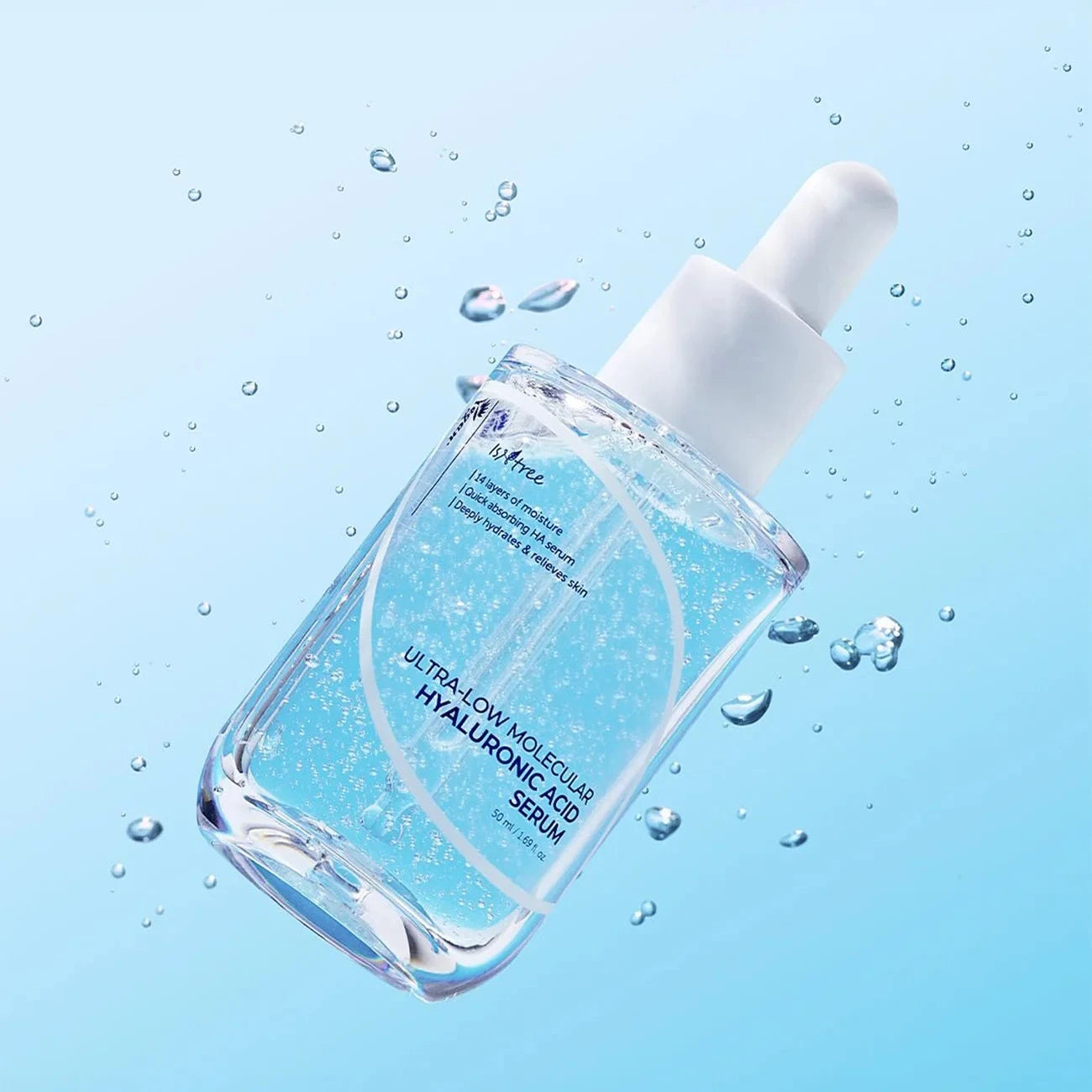 Isntree Ultra-Low Molecular Hyaluronic Acid Serum floating in water highlighting lightweight hydrating formula