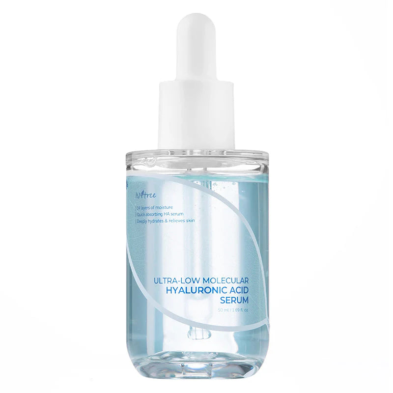 Isntree Ultra-Low Molecular Hyaluronic Acid Serum bottle with dropper for deep hydration and moisture boost