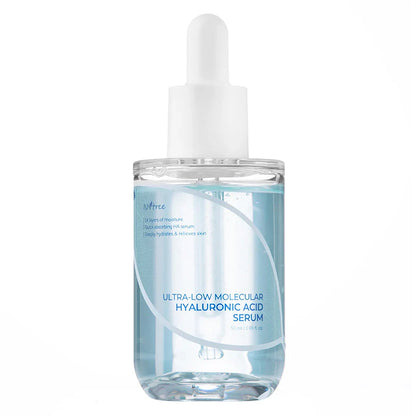 Isntree Ultra-Low Molecular Hyaluronic Acid Serum bottle with dropper for deep hydration and moisture boost