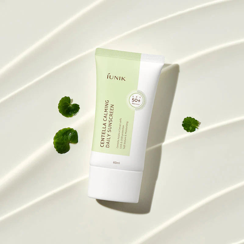 Iunik Centella Calming Sunscreen with fresh Centella Asiatica leaves - gentle Korean SPF50+ sunscreen for sensitive skin