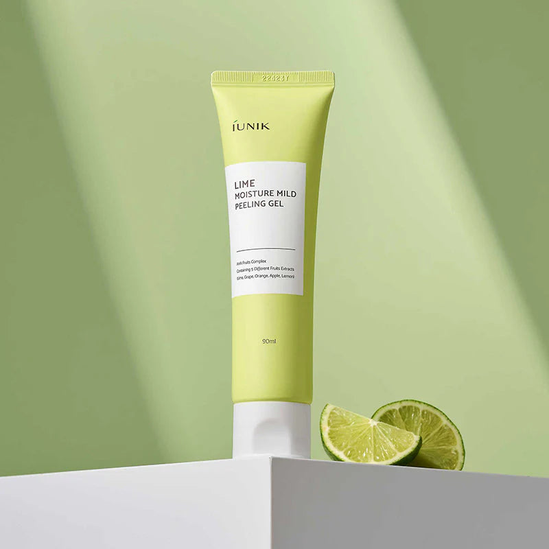 iUNIK Lime Moisture Mild Peeling Gel tube on green background with lime extract concept