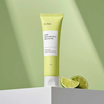 iUNIK Lime Moisture Mild Peeling Gel tube on green background with lime extract concept