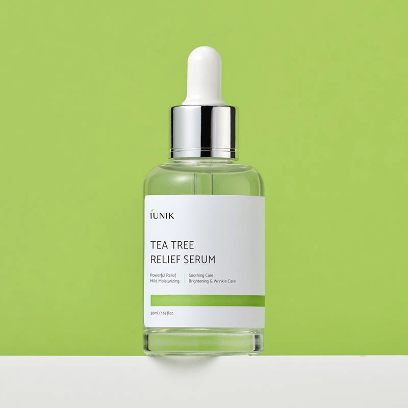 iUNIK Tea Tree Relief Serum dropper bottle on a green background, available in Riyadh and Jeddah