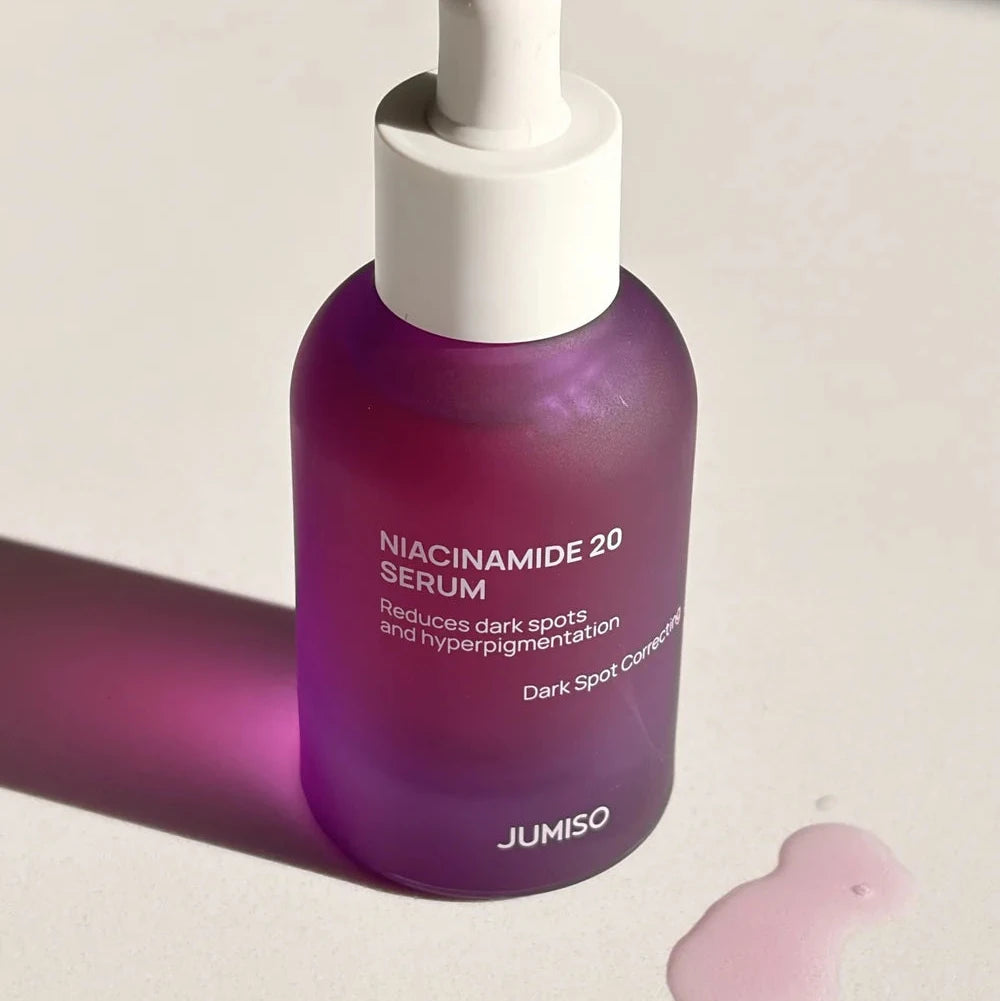 Jumiso Niacinamide 20 Serum close-up packaging with purple glass bottle aesthetic