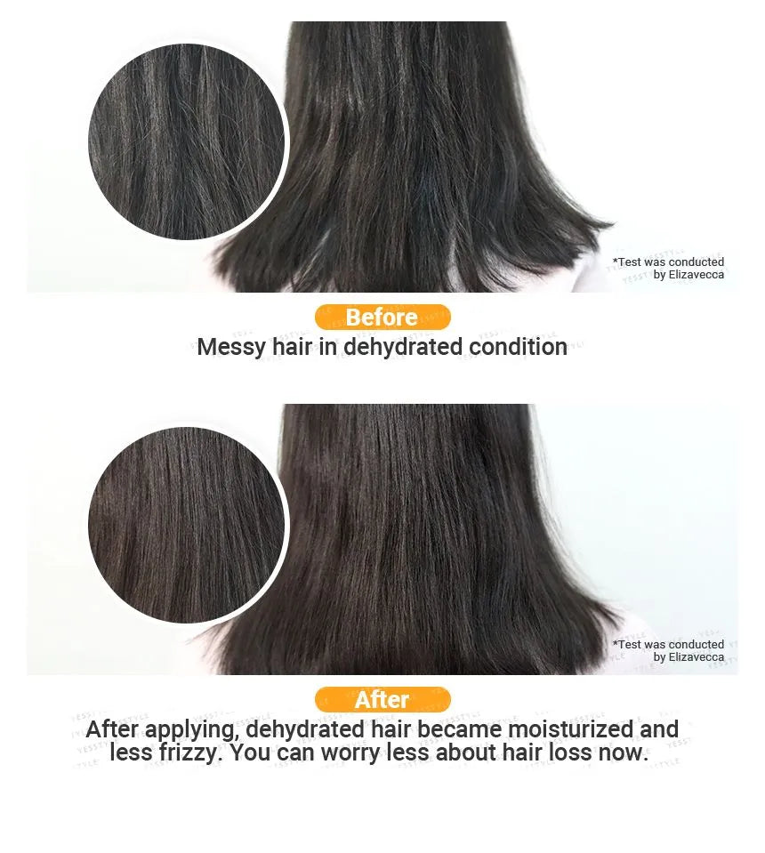 Before and after using Elizavecca CER-100 hair oil showing smoother and shinier hair