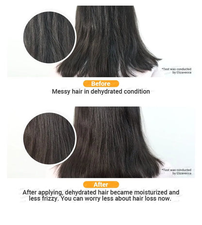 Before and after using Elizavecca CER-100 hair oil showing smoother and shinier hair