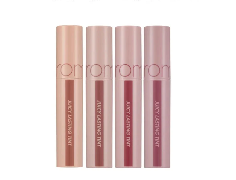 rom&nd Juicy Lasting Tint Bare Juicy Series lip tints in soft nude and rosy shades