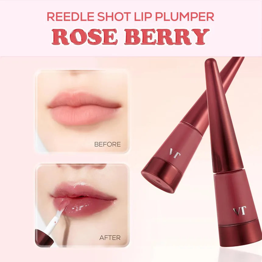 VT Cosmetics Reedle Shot Lip Plumper Rose Berry before after lip tint
