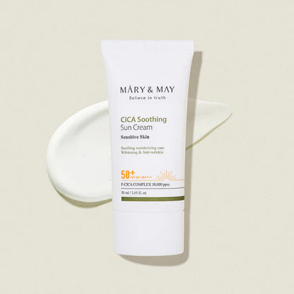 Mary & May sunscreen SPF50+ lightweight sun cream no white cast hydrating texture