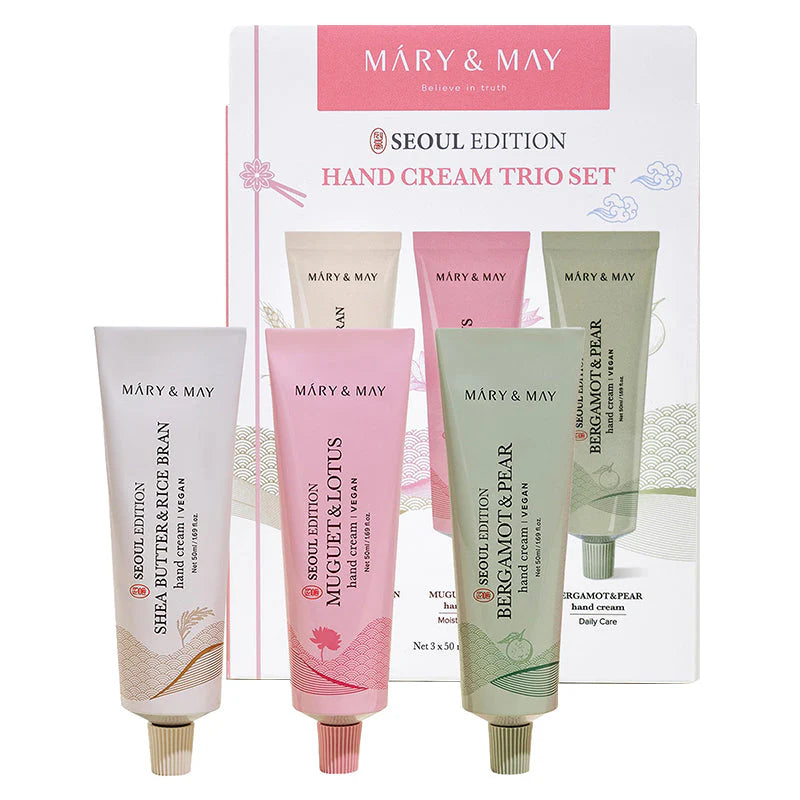 Mary&May Seoul Edition Hand Cream Trio Set packaging and tubes