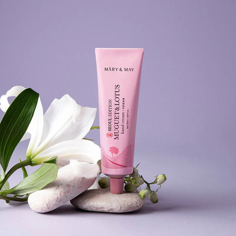 Mary&May hand cream tube with floral styling