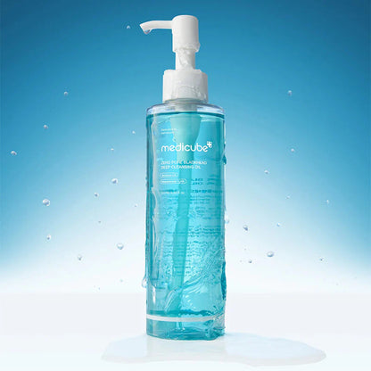 medicube Zero Pore Blackhead Deep Cleansing Oil bottle with water droplets deep cleansing oil texture concept