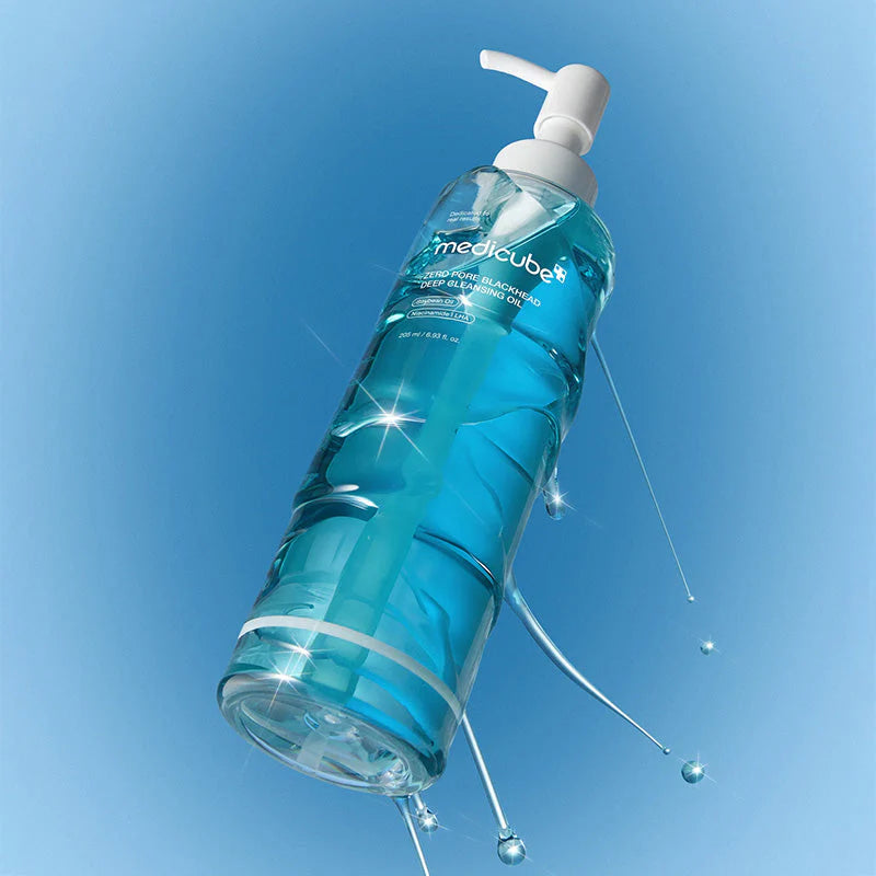 medicube Zero Pore Blackhead Deep Cleansing Oil bottle angled minimal blue aesthetic cleansing oil product