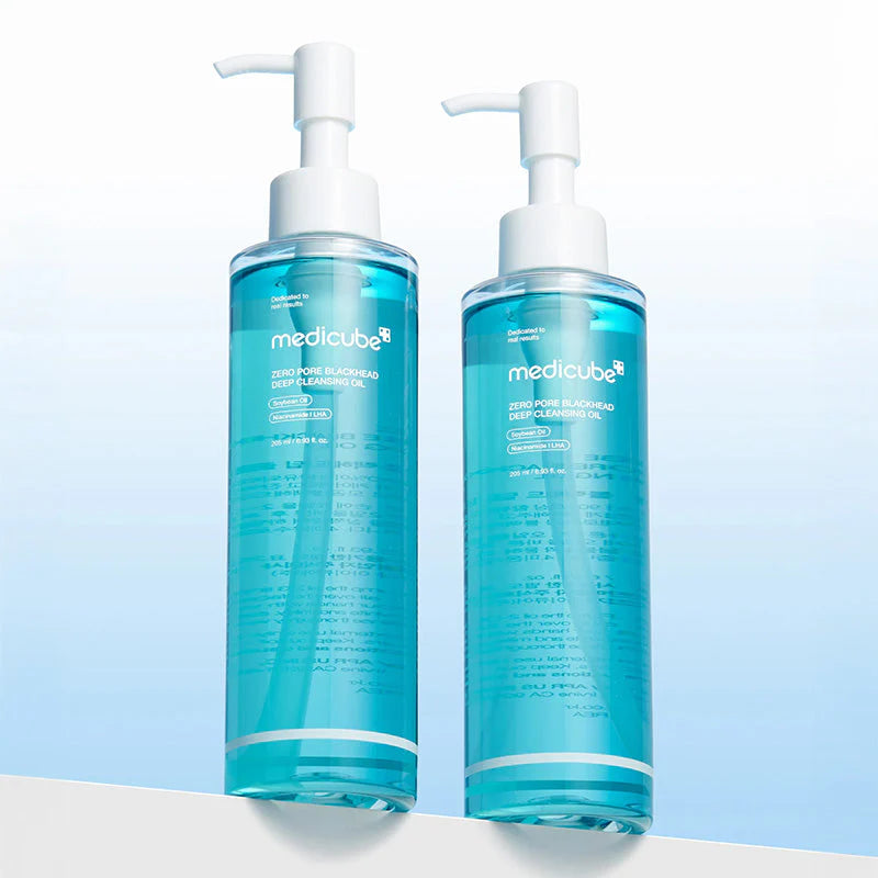 medicube Zero Pore Blackhead Deep Cleansing Oil two bottles display deep pore cleansing skincare product