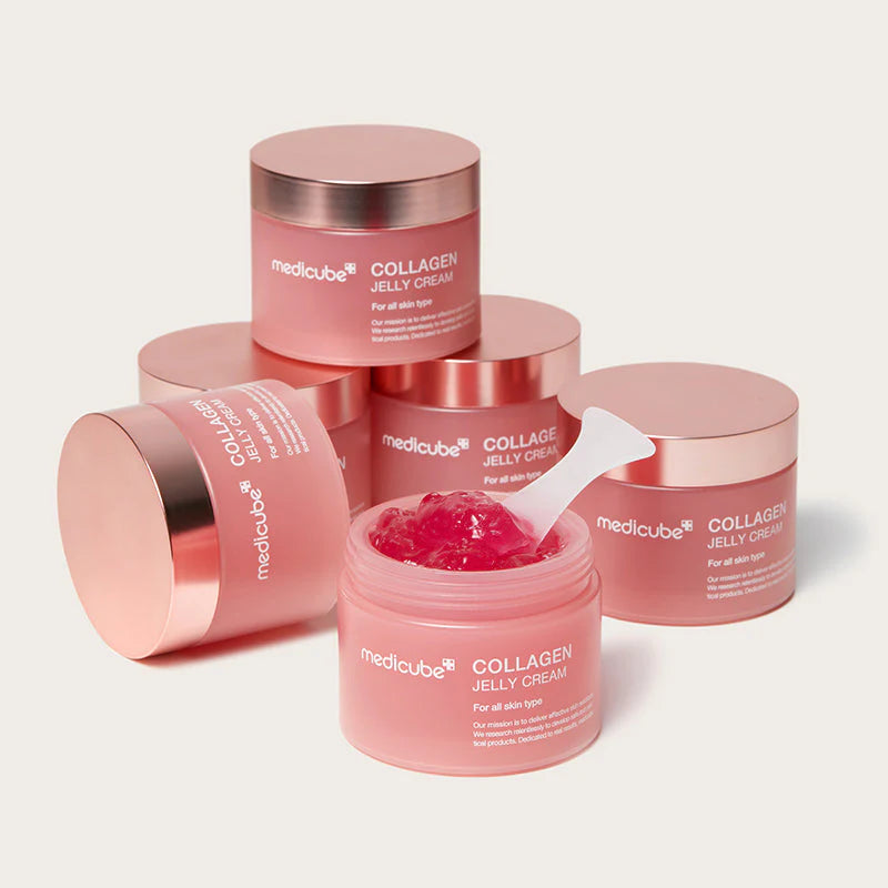 medicube Collagen Jelly Cream multiple jars display Korean collagen skincare lineup