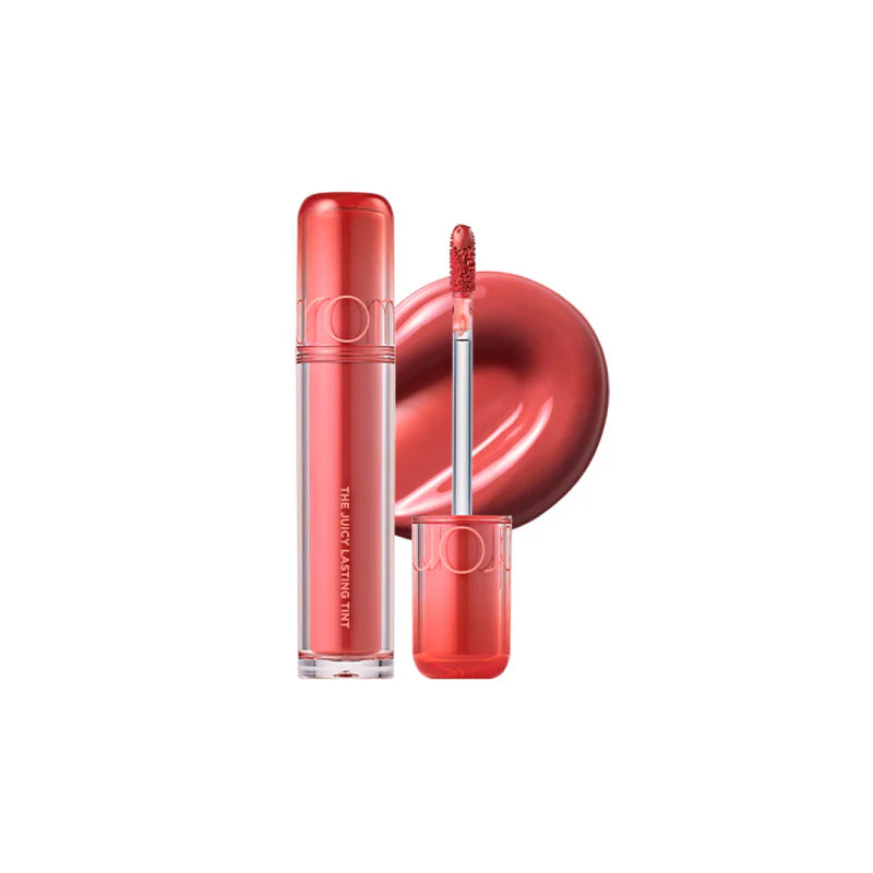 rom&nd Juicy Lasting Tint 05 Jujube with warm red swatch and packaging