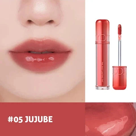 rom&nd Juicy Lasting Tint 05 Jujube with warm red swatch and packaging