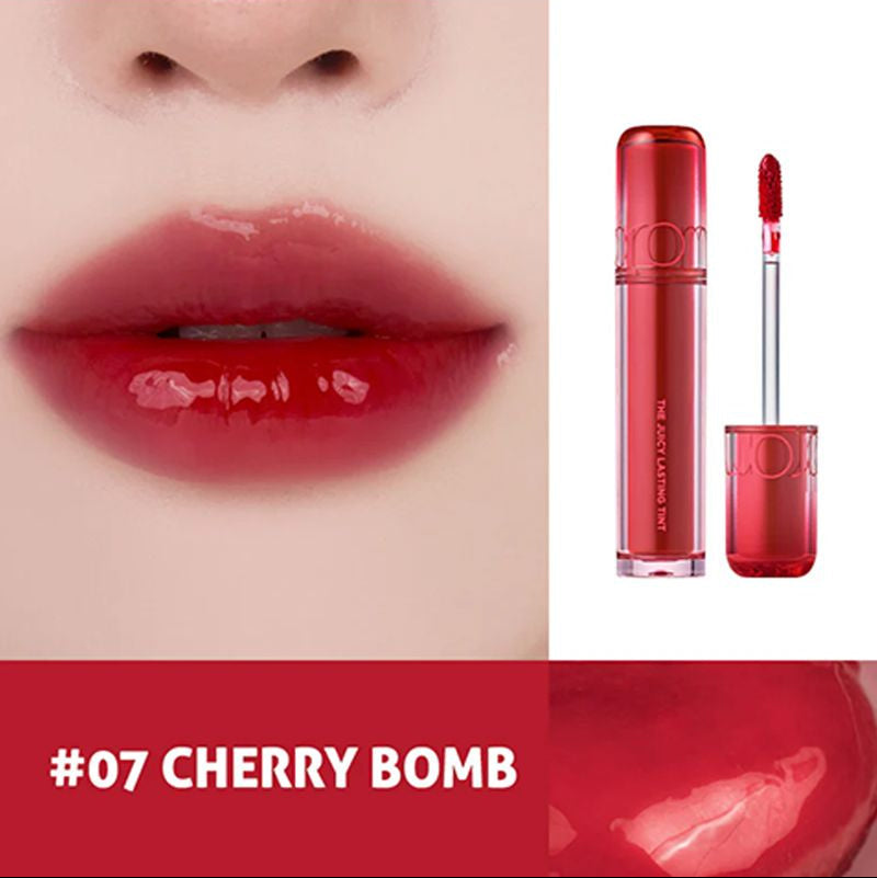 rom&nd Juicy Lasting Tint 07 Cherry Bomb with bold red color payoff