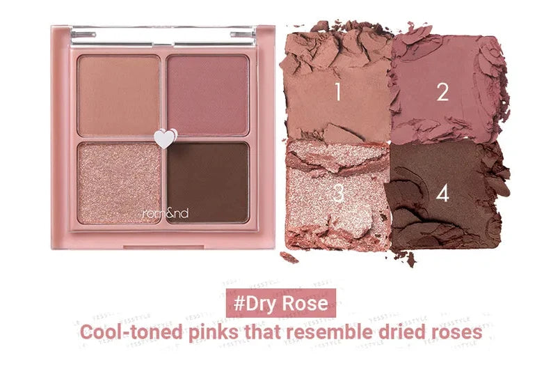 rom&nd Better Than Eyes Dry Rose quad eyeshadow palette with pink and muted brown shades