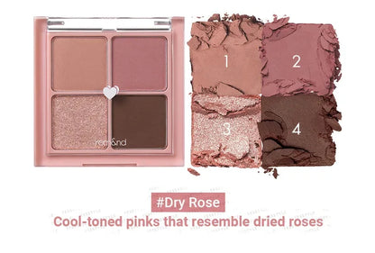 rom&nd Better Than Eyes Dry Rose quad eyeshadow palette with pink and muted brown shades