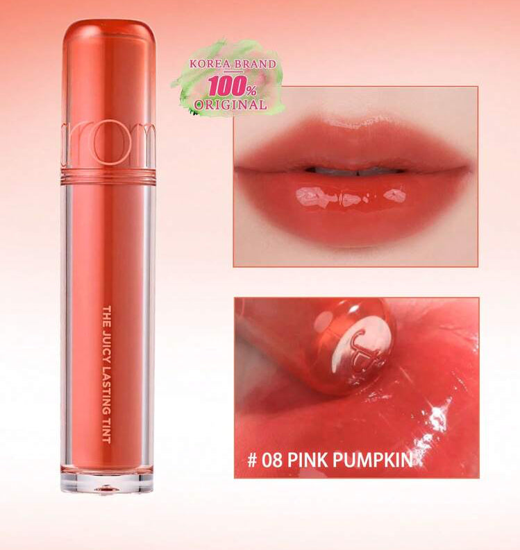 rom&nd Juicy Lasting Tint 08 Pink Pumpkin with coral pink tone and glossy texture