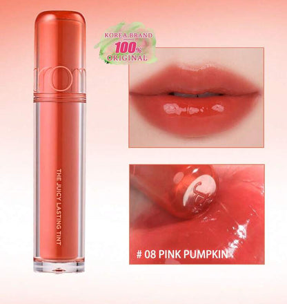 rom&nd Juicy Lasting Tint 08 Pink Pumpkin with coral pink tone and glossy texture