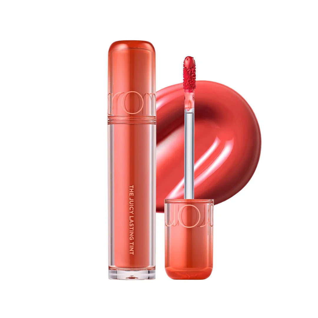 rom&nd Juicy Lasting Tint 08 Pink Pumpkin with coral pink tone and glossy texture