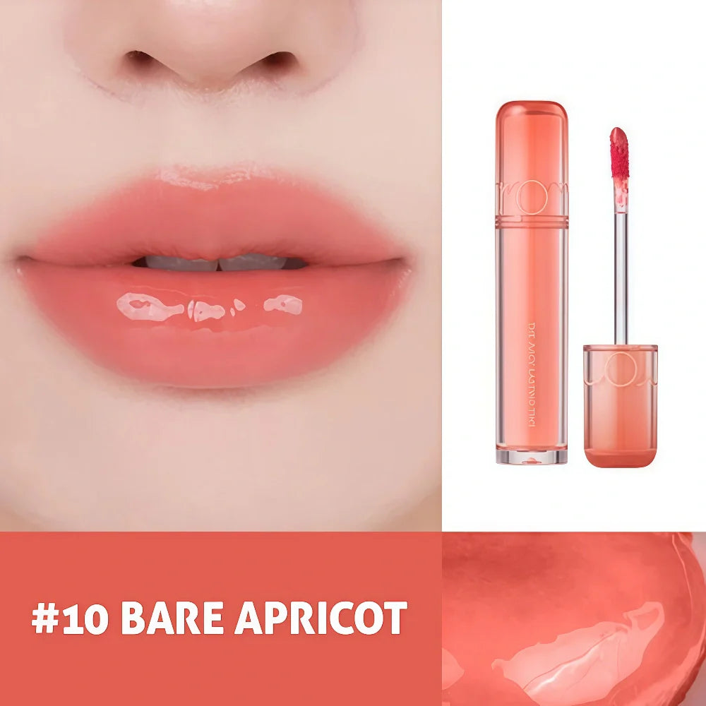 rom&nd Juicy Lasting Tint 10 Bare Apricot with soft peach shade on lips