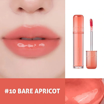 rom&nd Juicy Lasting Tint 10 Bare Apricot with soft peach shade on lips