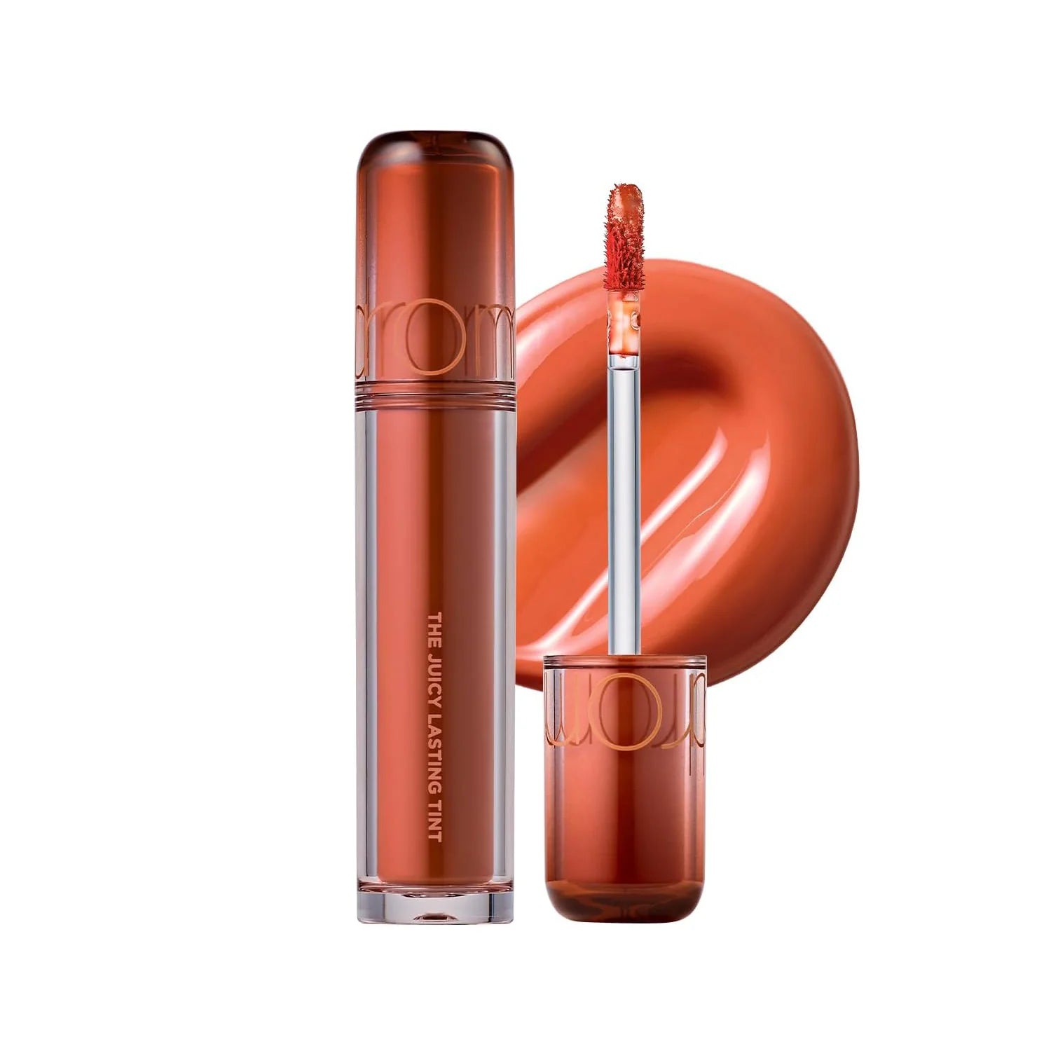 rom&nd Juicy Lasting Tint 12 Apple Brown with deep brown-red glossy finish