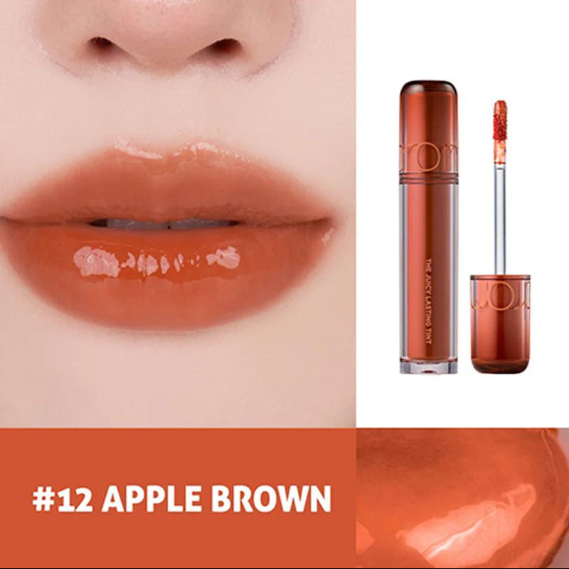 rom&nd Juicy Lasting Tint 12 Apple Brown with deep brown-red glossy finish