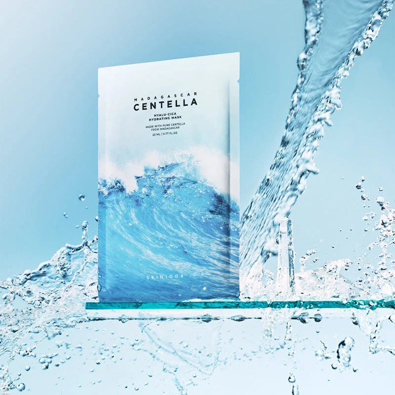 SKIN1004 Madagascar Centella Hyalu-Cica Hydrating Mask sheet mask packaging blue water design hydrating skincare product