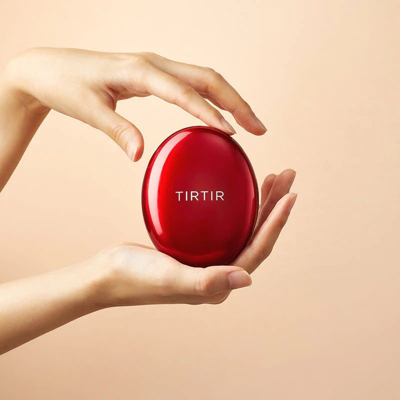 TIRTIR Mask Fit Red Cushion compact held in hands luxury red packaging cushion foundation product