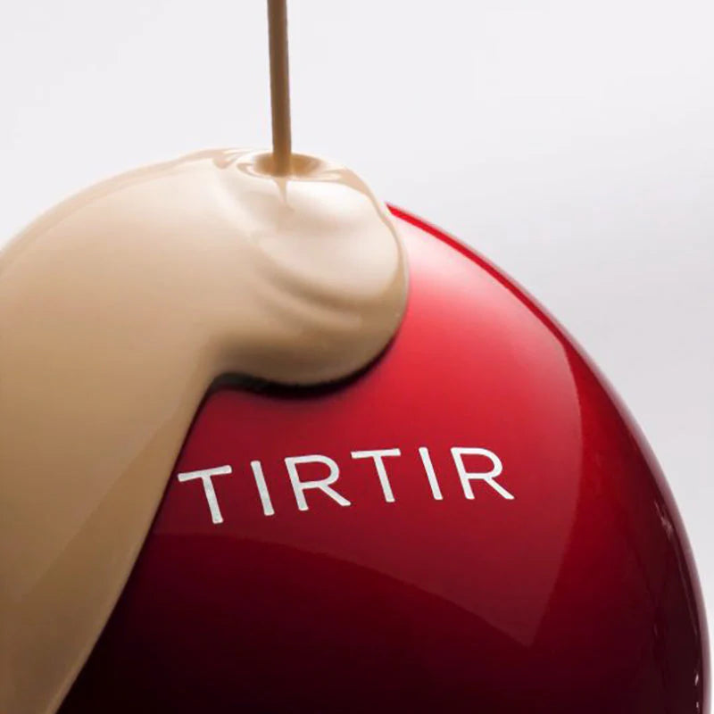 TIRTIR Mask Fit Red Cushion foundation texture pouring over compact high coverage base makeup