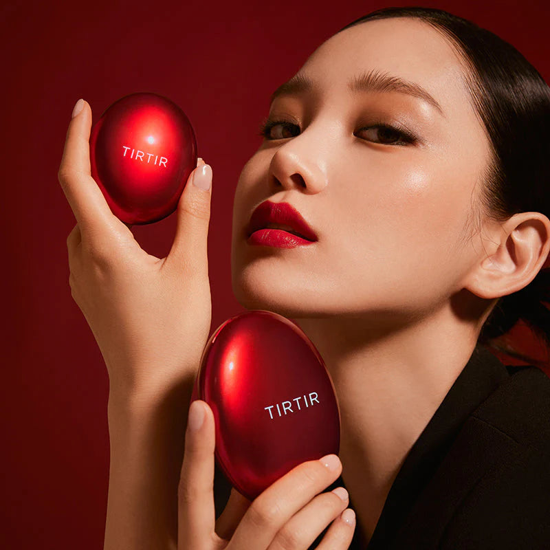 TIRTIR Mask Fit Red Cushion model holding compact radiant skin finish full coverage cushion foundation