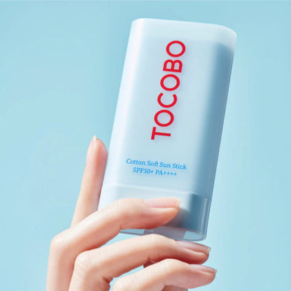 TOCOBO Cotton Soft Sun Stick SPF50+ PA++++ held in hand minimal blue packaging easy reapplication sunscreen stick