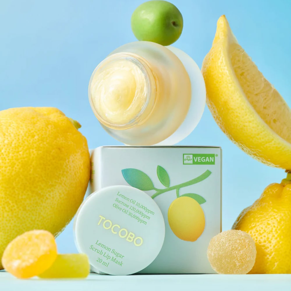 TOCOBO lip scrub and packaging product display for lip care routine