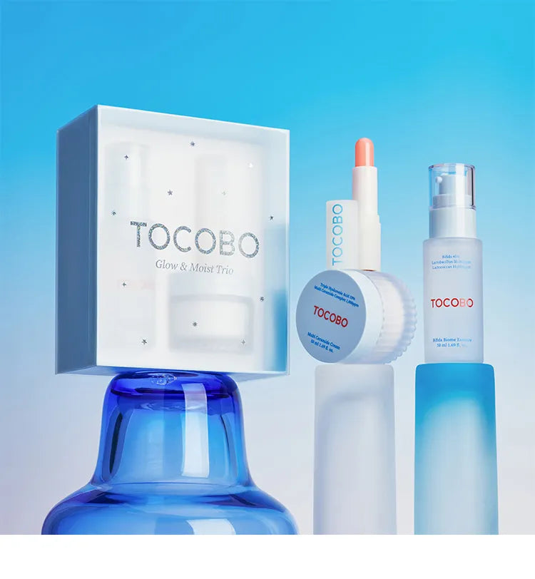 TOCOBO skincare set with toner, cream and lip balm for glow and moisture