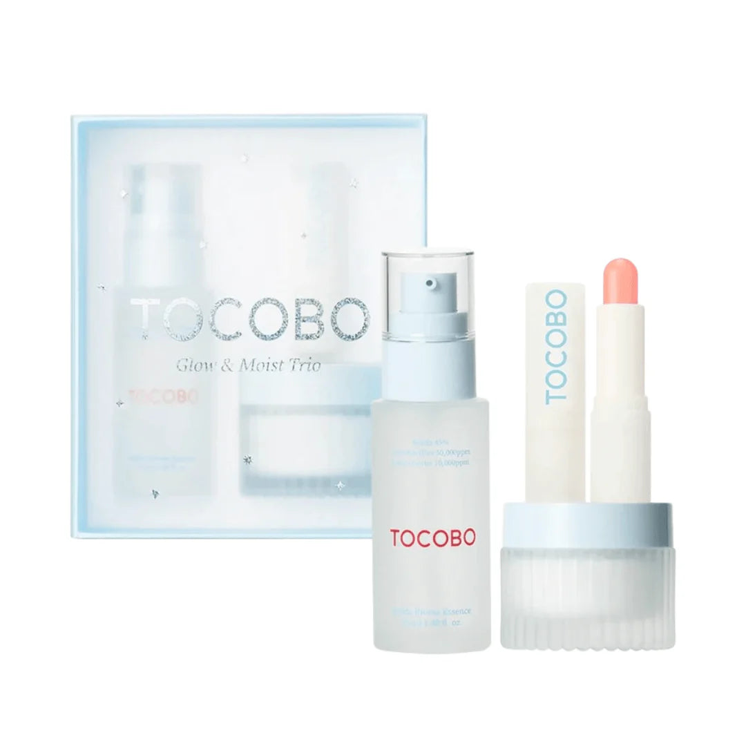 TOCOBO skincare set with toner, cream and lip balm for glow and moisture