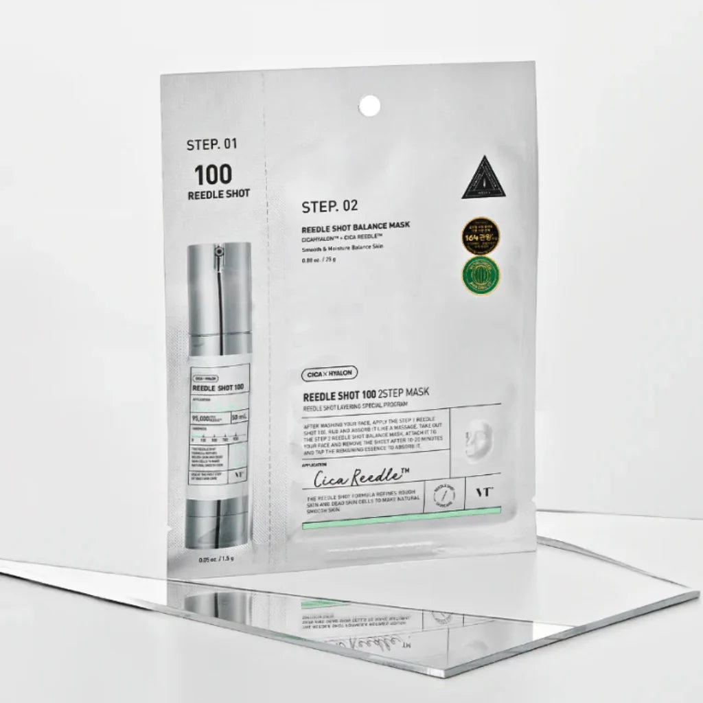 VT Cosmetics Reedle Shot 100 2 Step Mask on glass display skincare set