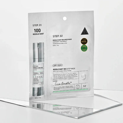 VT Cosmetics Reedle Shot 100 2 Step Mask on glass display skincare set
