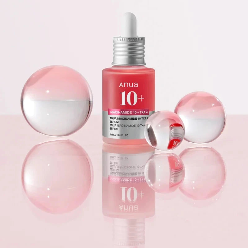 ANUA Niacinamide 10 TXA 4 Serum with glass spheres emphasizing smooth skin effect