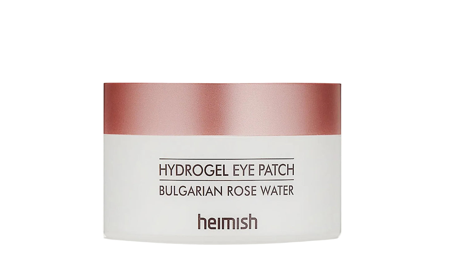 Heimish Bulgarian Rose Water Hydrogel Eye Patch jar with pink lid on clean background