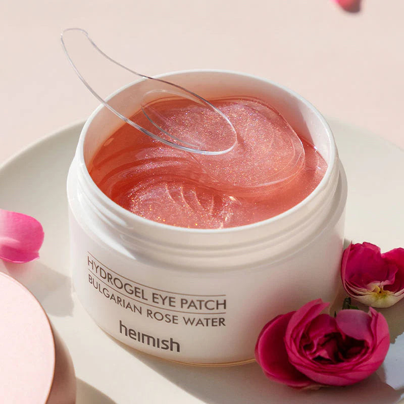 Heimish eye patches jar opened showing pink hydrogel patches inside