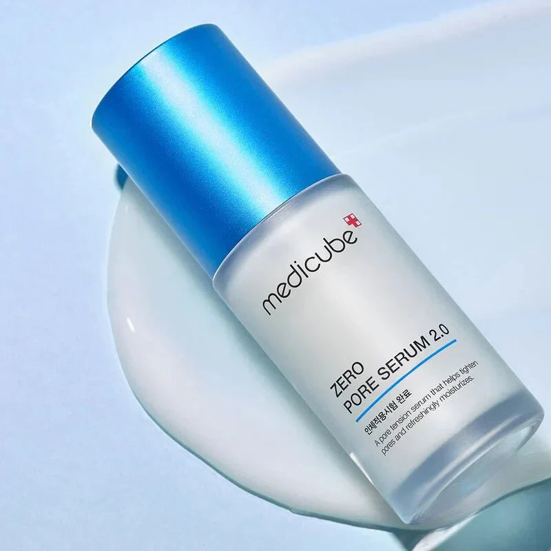 medicube Zero Pore Serum 2.0 bottle on cream texture refining smoothing serum product