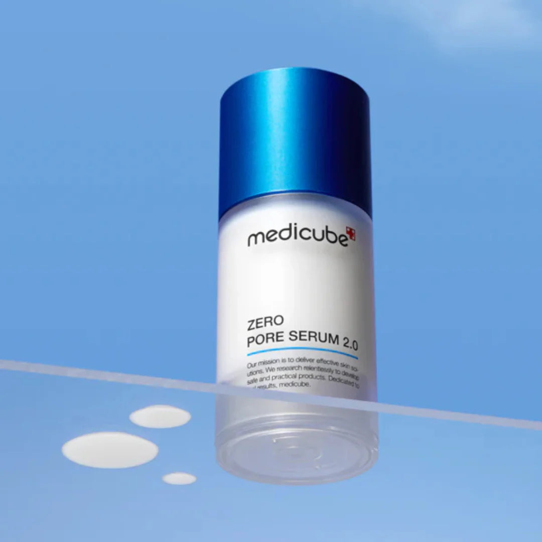 medicube Zero Pore Serum 2.0 bottle with droplets pore tightening serum texture concept