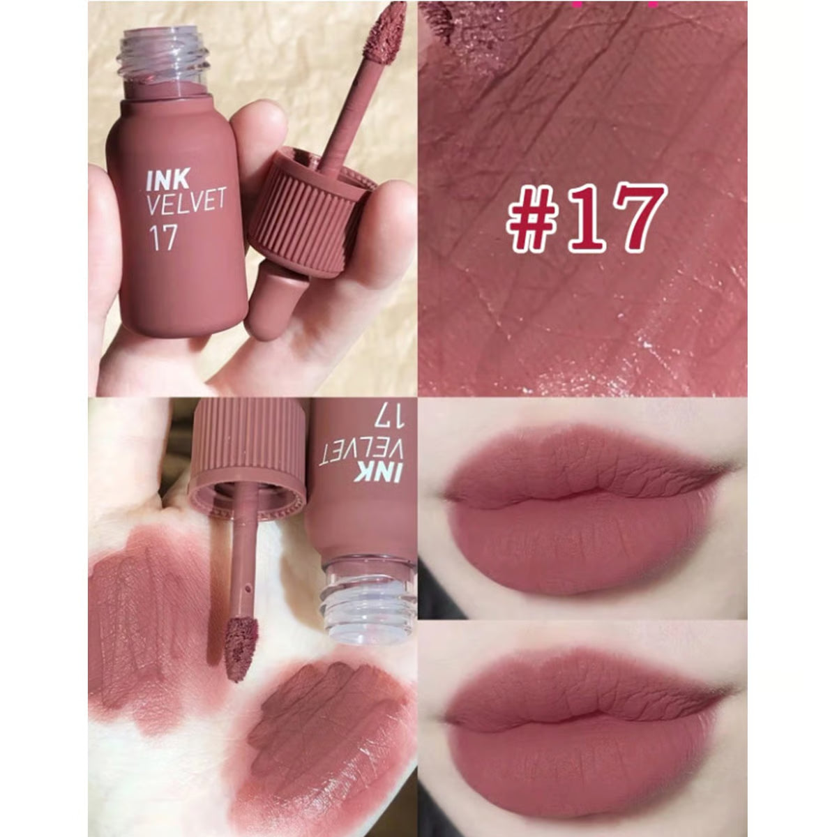 peripera Ink Velvet Lip Tint 17 Rosy Nude swatch collage showing different lip applications