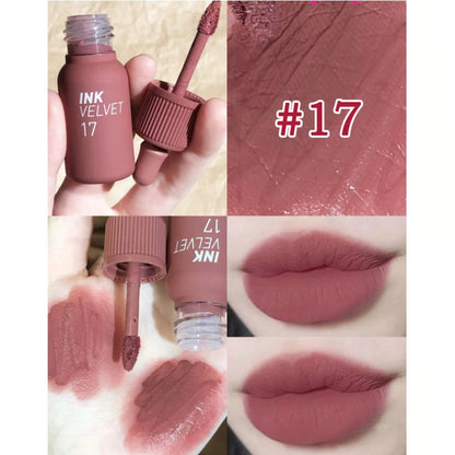 peripera Ink Velvet Lip Tint 17 Rosy Nude swatch collage showing different lip applications